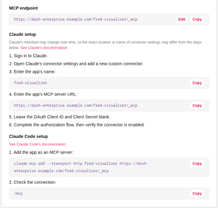 The MCP tab showing the endpoint and per-agent setup instructions for Claude and Claude Code