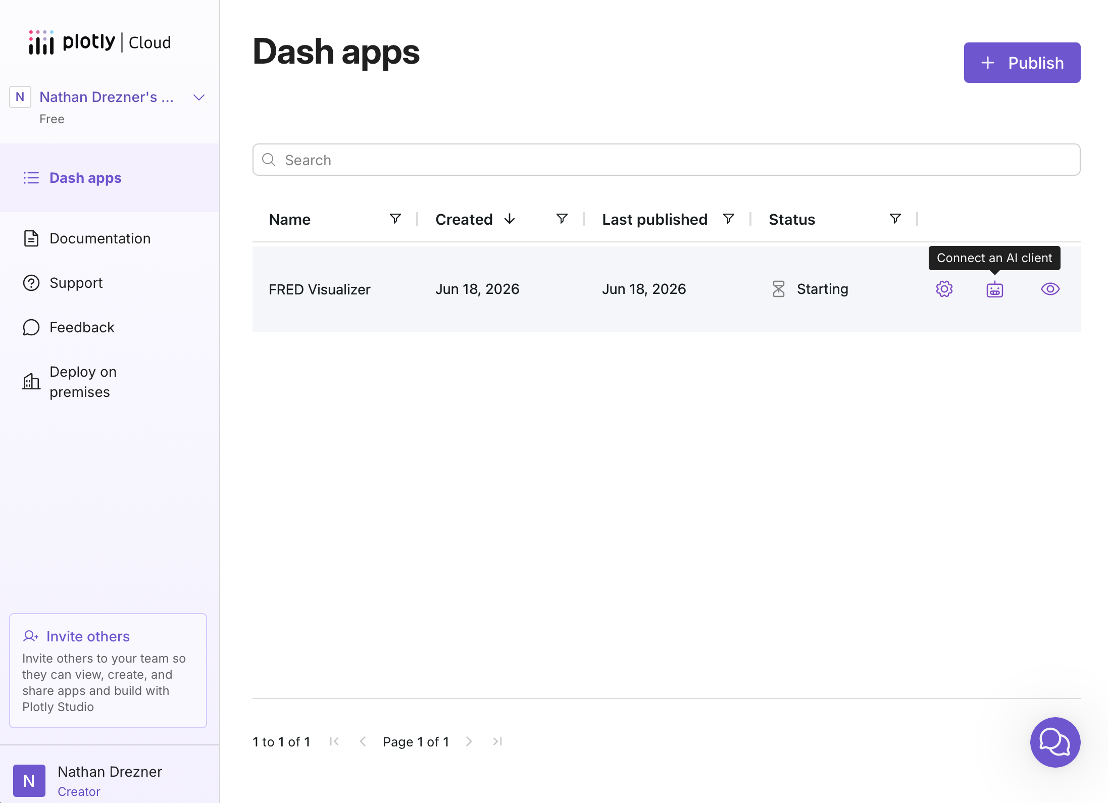The Dash apps list showing the "Connect an AI client" icon on an app with MCP enabled