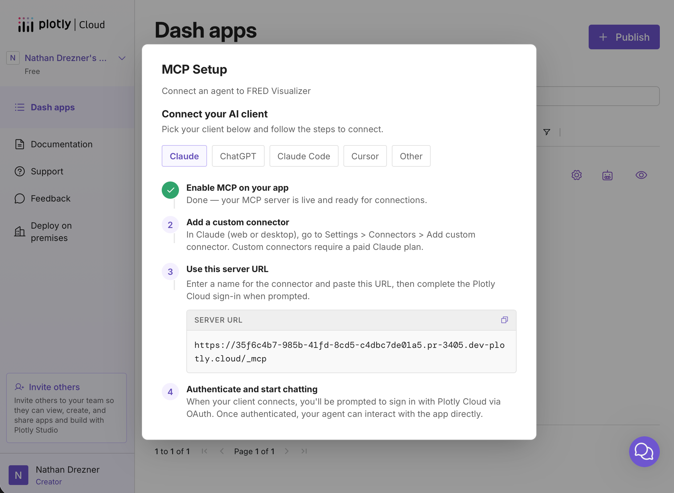 The MCP Setup dialog with per-client tabs, the server URL to connect with, and a sign-in step