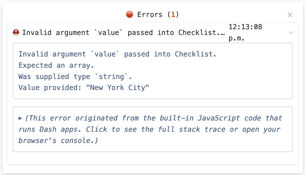 A screenshot of the dev tools component validation error message