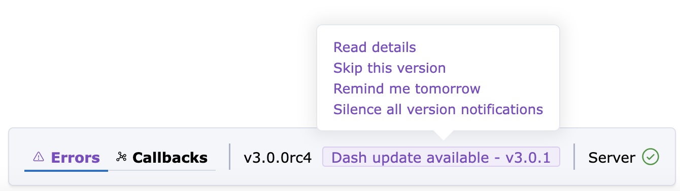 Dash Dev Tools version notification