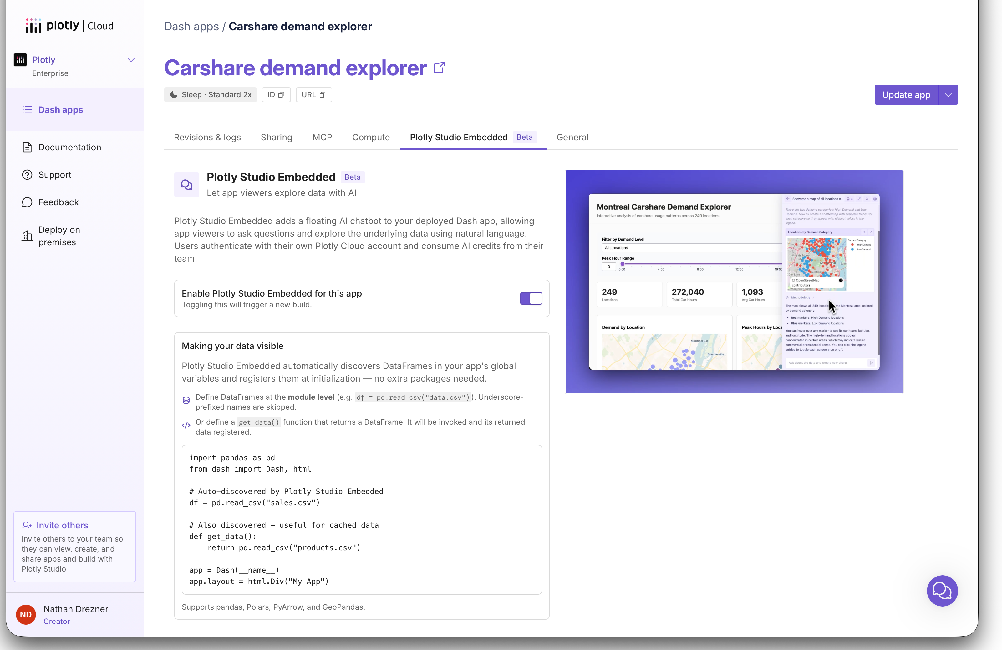 The Plotly Studio Embedded tab of a Dash app on Plotly Cloud, with the "Enable Plotly Studio Embedded for this app" toggle